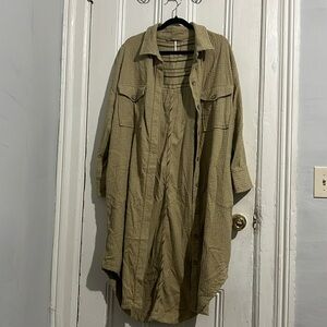 Free People Textured Long Sleeve Button Down Duster Shacket Overshirt Tan Medium